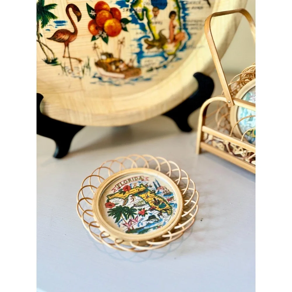 Vintage Florida Map Bamboo Tray and Coasters Set | Mid Century Souvenir